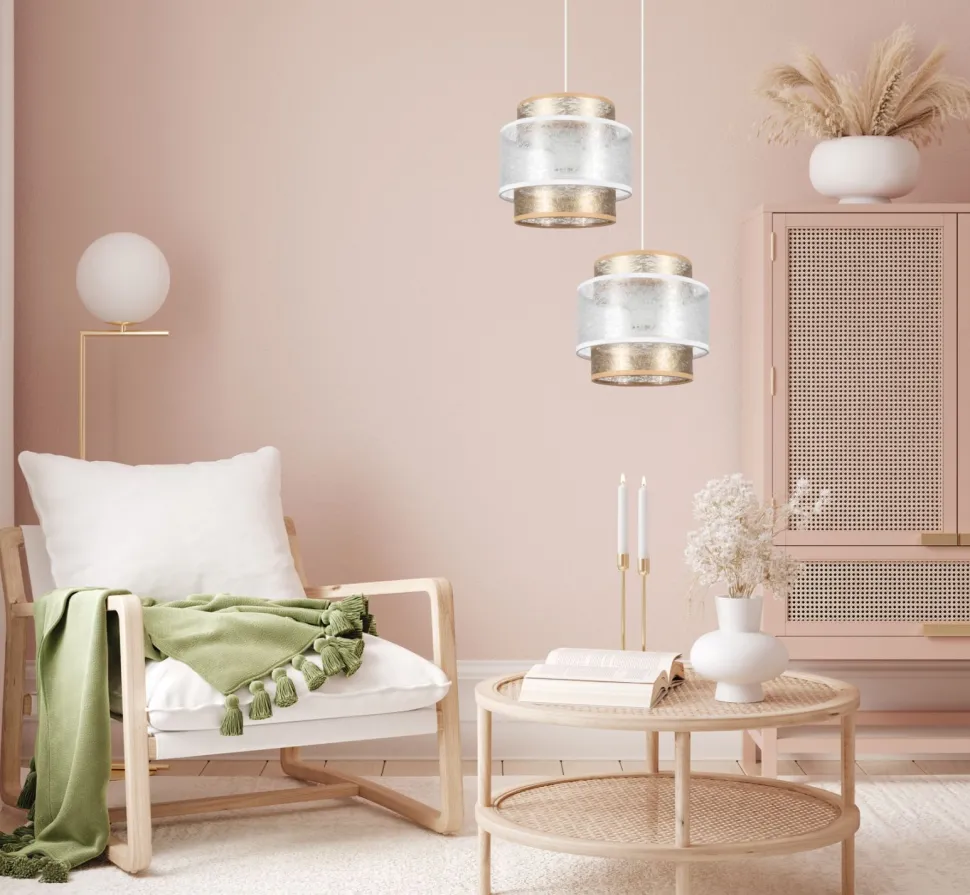 Stoff Pendelleuchte Weiß Gold E27 2-flammig L:33 cm