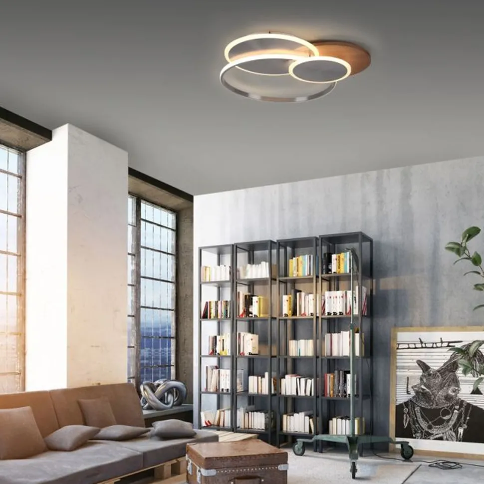 Stylische LED Deckenlampe Holz Ringe 6000 lm dimmbar