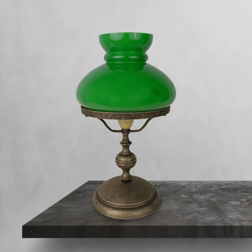 Tischlampe 39 cm Jugendstil Glas Messing in Bronze Antik Grün