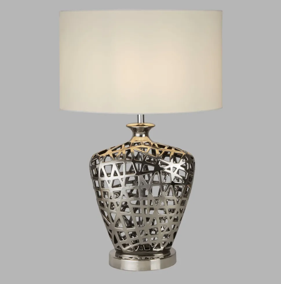 Tischlampe Chrom Weiß E27 57 cm Ø 36 cm Stoff Keramik