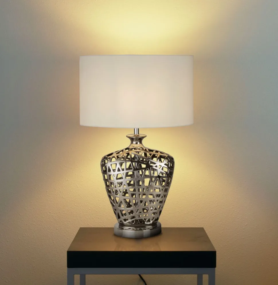 Tischlampe Chrom Weiß E27 57 cm Ø 36 cm Stoff Keramik