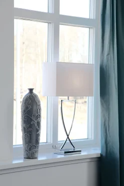 Tischlampe Chrom Weiß Metall Stoff E27 69 cm hoch