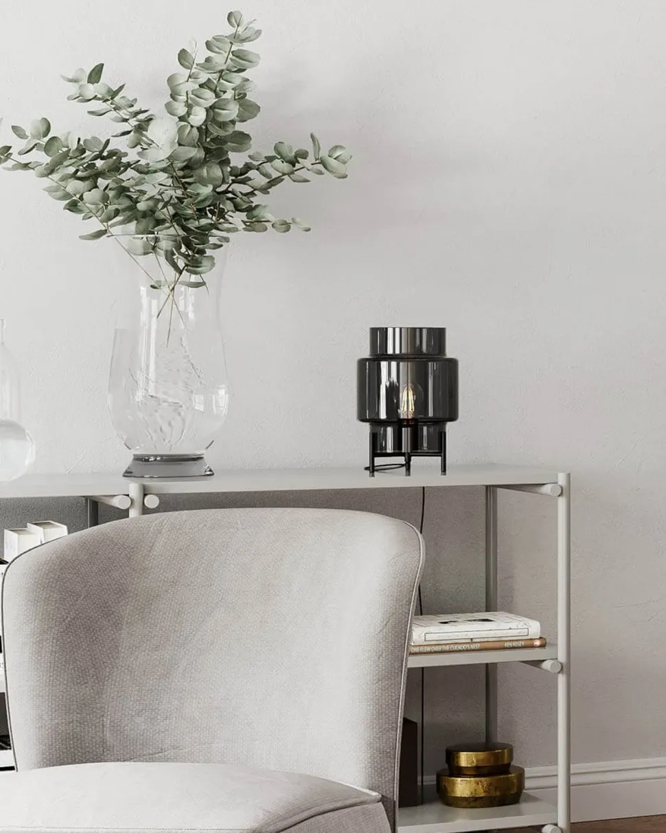 Tischlampe Dreibein 29 cm Metall Rauchglas für E27