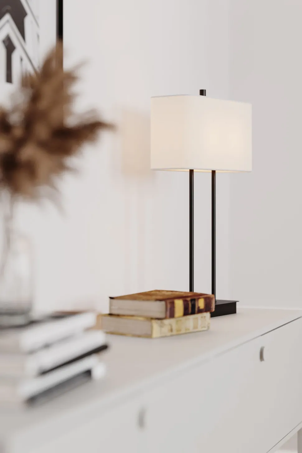 Tischlampe E27 56 cm Schwarz Weiß eckig Stoff Metall