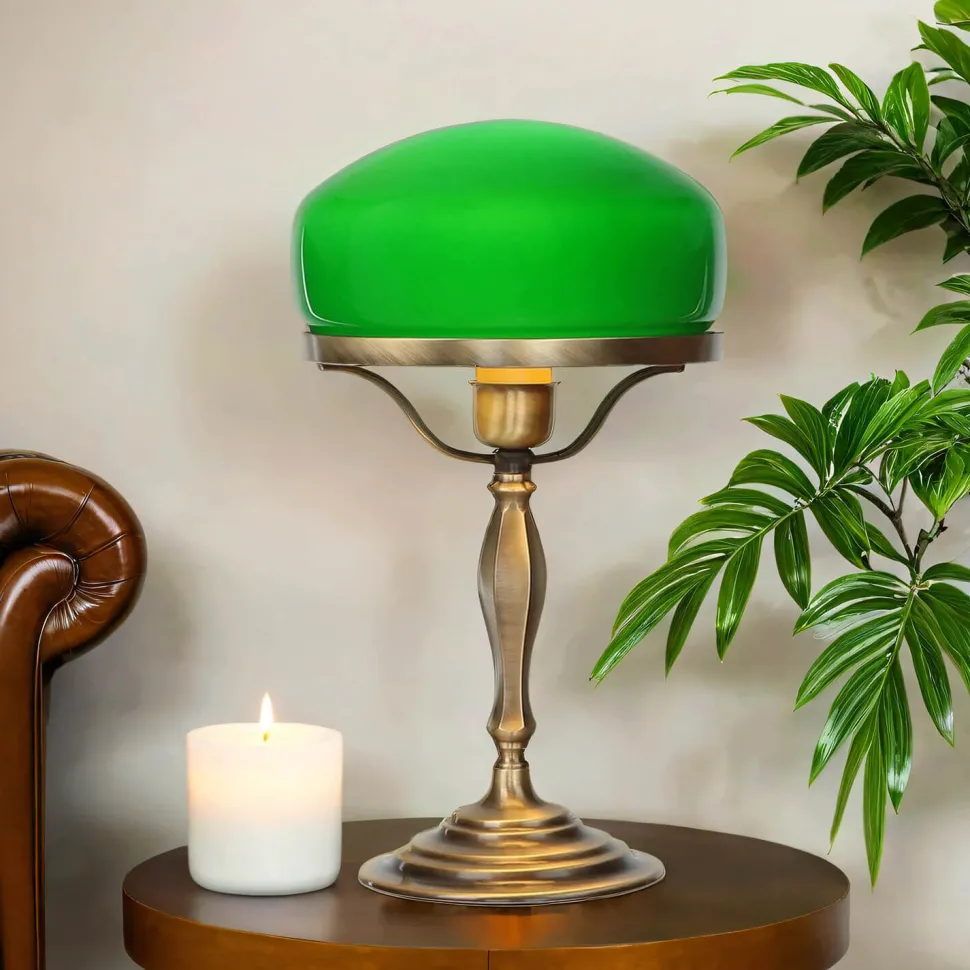 Tischlampe Glasschirm Grün aus Echt-Messing