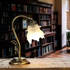 Tischlampe Glasschirm Weiß Echt-Messing Floral