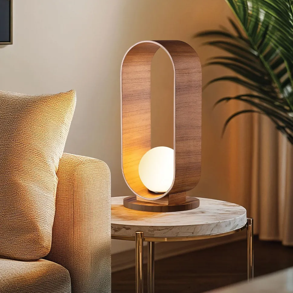 Tischlampe Holz Furnier aus Teak Glas 54 cm hoch E27 Modern