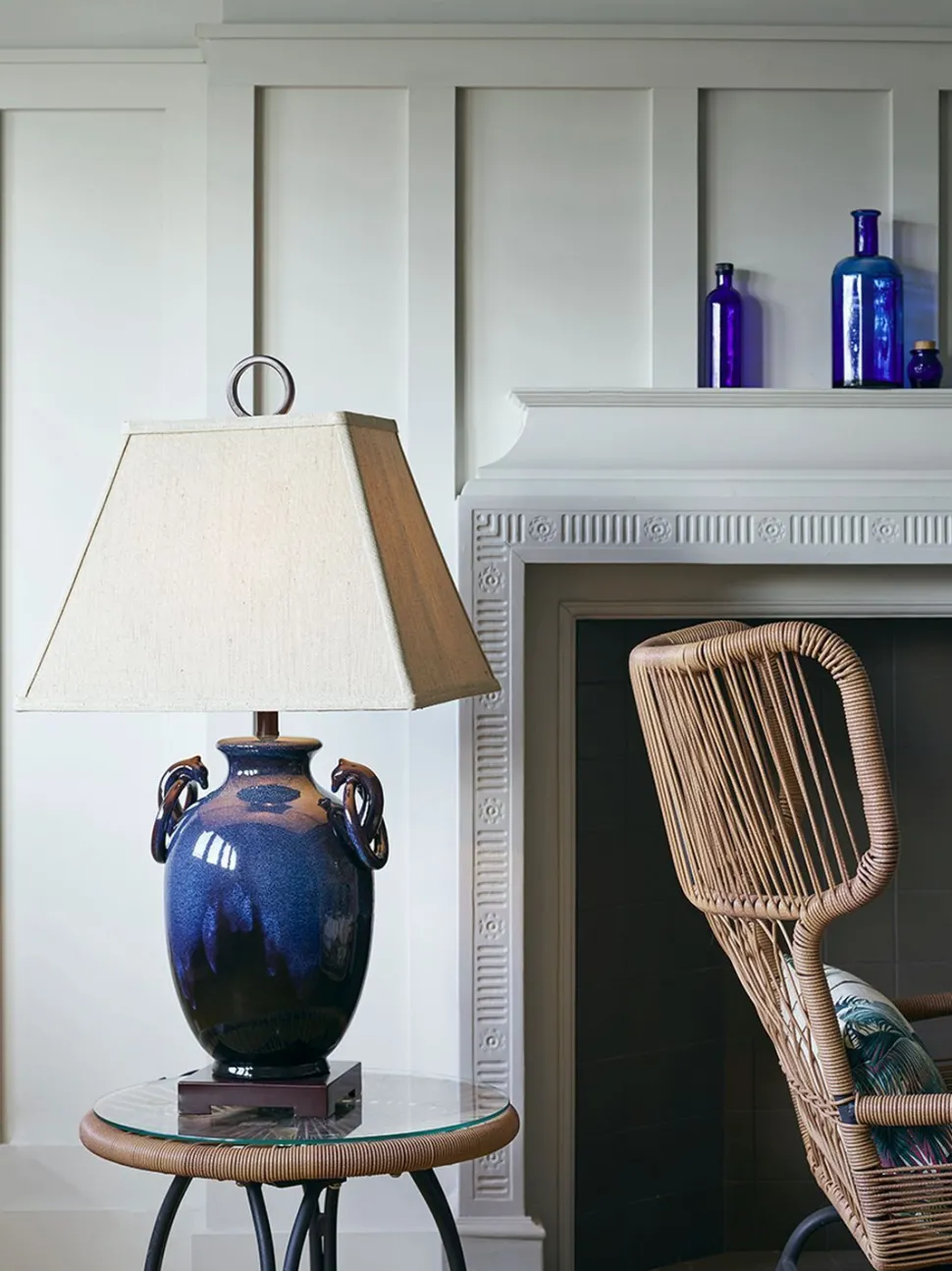 Tischlampe Keramik Leinen Maritim in Türkis Natur 85 cm