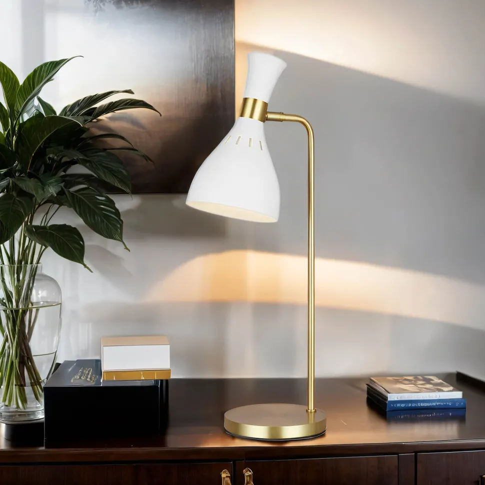 Tischlampe Metall 63,5 cm in Messing Weiß E27 Retro