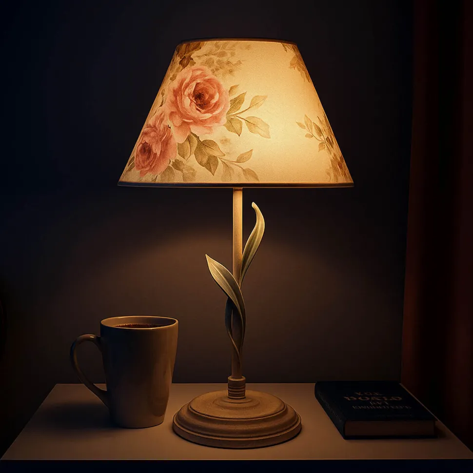 Tischlampe Metall Shabby Weiß Stoff rund Landhaus