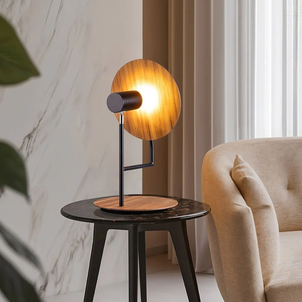 Tischlampe Metall Teakholz Furnier 46 cm hoch Modern