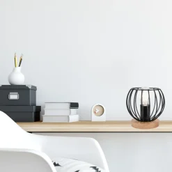 Tischlampe Schwarz E27 klein H: 16 cm Metall Holz Retro