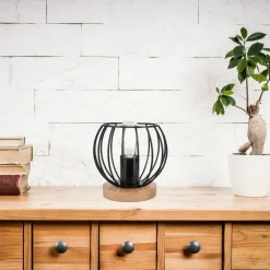 Tischlampe Schwarz E27 klein H: 16 cm Metall Holz Retro