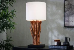 Tischlampe Weiß Holz Stoff E27 H:58 cm gemütlich
