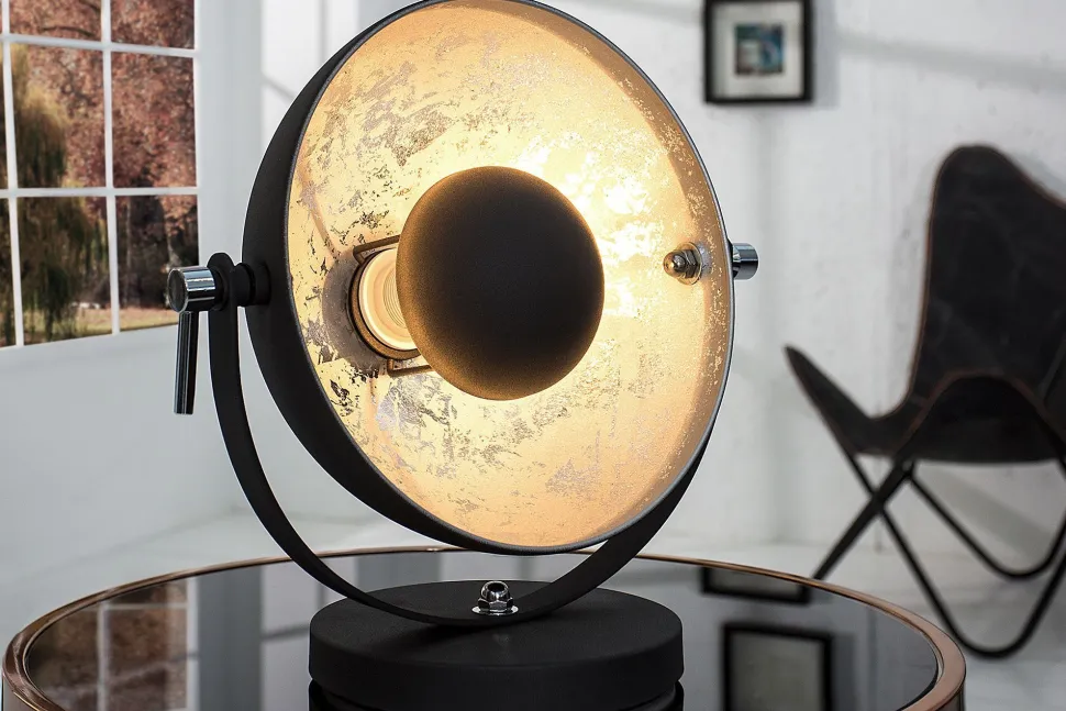 Tischleuchte Ø30cm rund Retro Schwarz Silber