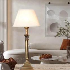 Tischleuchte echtes Messing Stoff Abat