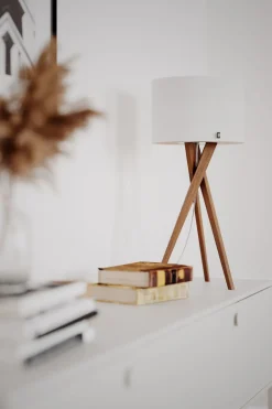 Tischleuchte Holz Stoff 55 cm Dreibein Eiche Weiß E27