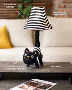 Tischleuchte LED Katze 51 cm Schwarz Weiß flauschig