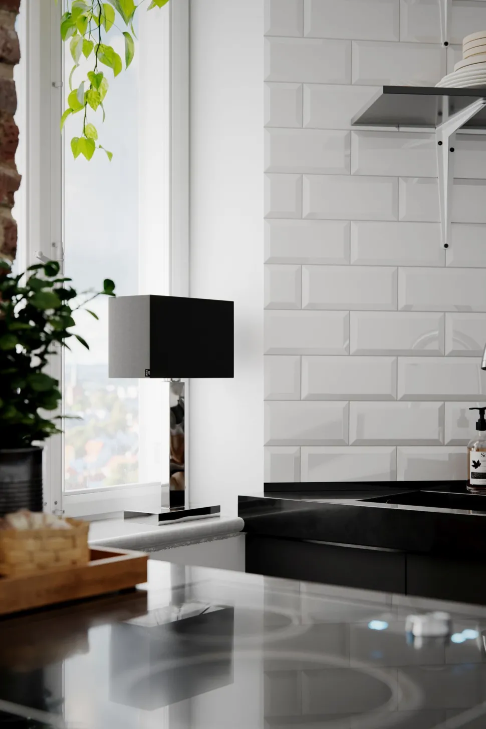 Tischleuchte Metall Stoff 47 cm Chrom Schwarz E27 eckig