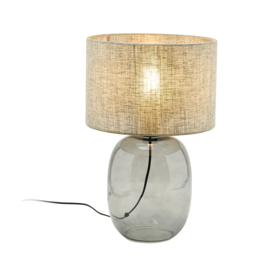 Tischleuchte Rauchglas Stoff E27 H: 48 cm Ø 30 cm Grau Grün