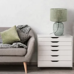 Tischleuchte Rauchglas Stoff E27 H: 48 cm Ø 30 cm Grau Grün