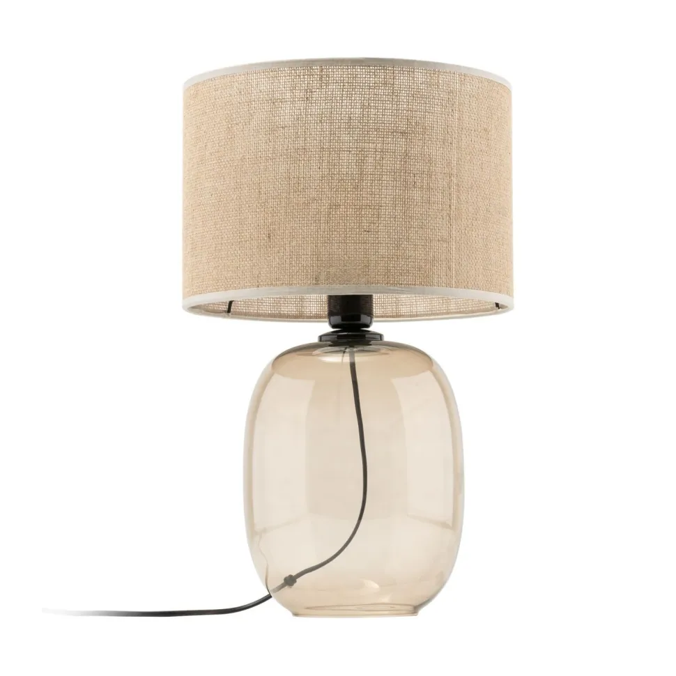 Tischleuchte Rauchglas Stoff Braun H: 48 cm Ø 30 cm E27