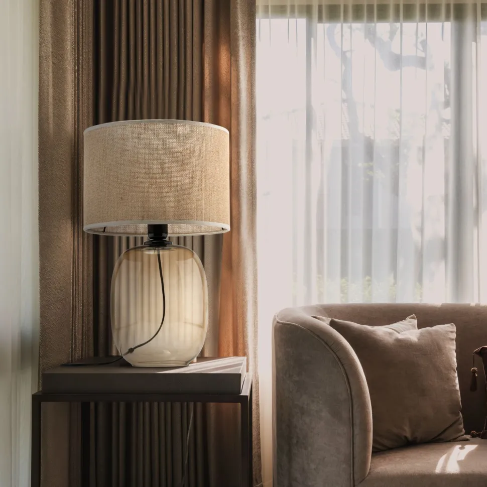 Tischleuchte Rauchglas Stoff Braun H: 48 cm Ø 30 cm E27