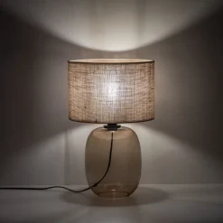 Tischleuchte Rauchglas Stoff Braun H: 48 cm Ø 30 cm E27