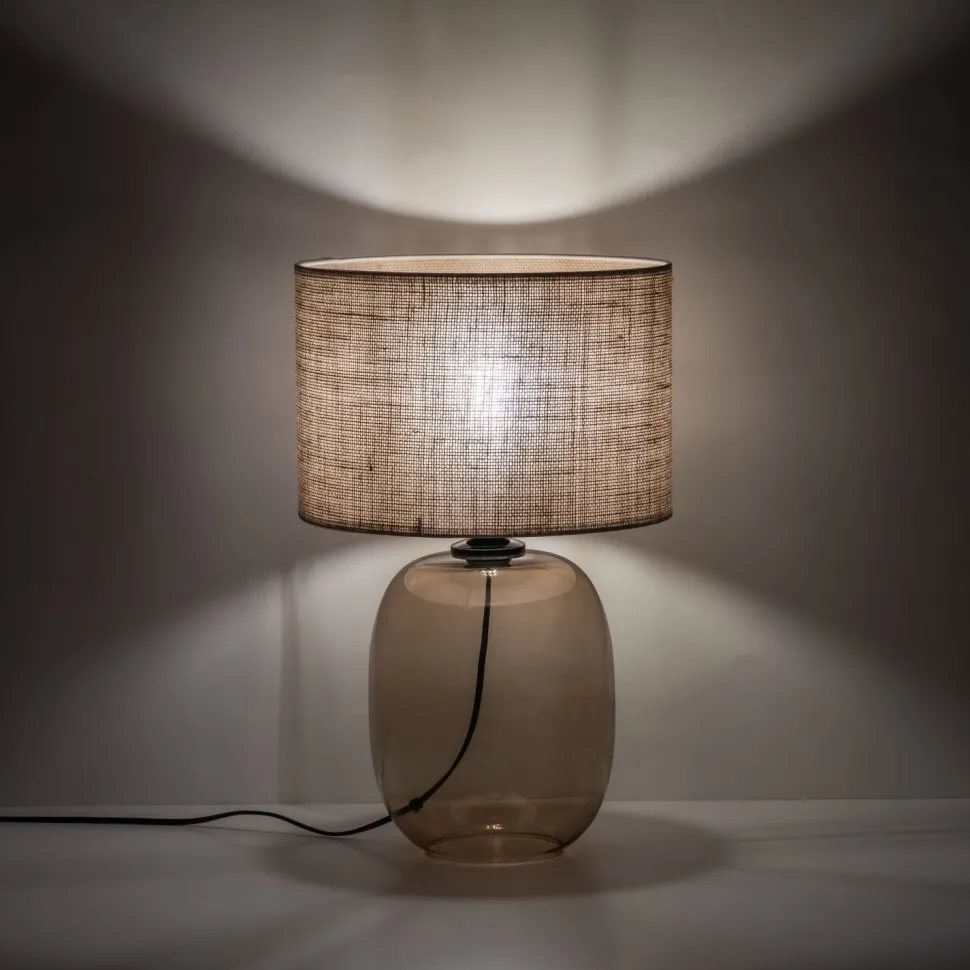 Tischleuchte Rauchglas Stoff Braun H: 48 cm Ø 30 cm E27