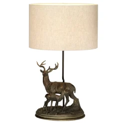 Tischleuchte Stoff Schirm Hirsch in Bronze Natur E27