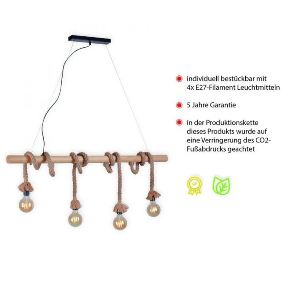 Vintage Pendelleuchte Holzbalken Tau Seil E27 100 cm