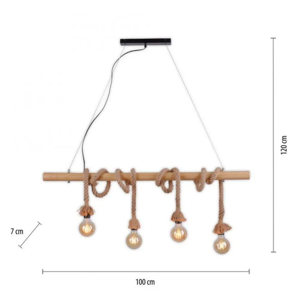 Vintage Pendelleuchte Holzbalken Tau Seil E27 100 cm
