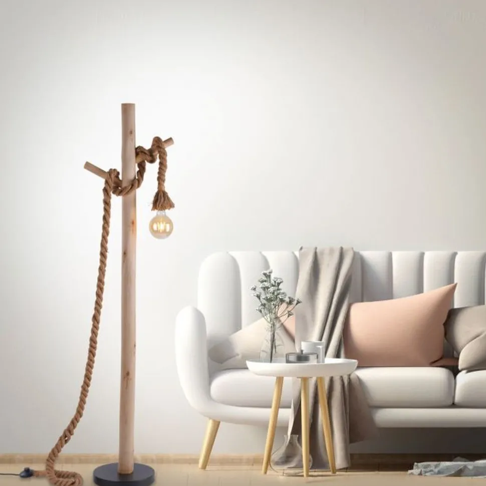 Vintage Stehleuchte E27 bis 15 W 150 cm Holz Tau Seil