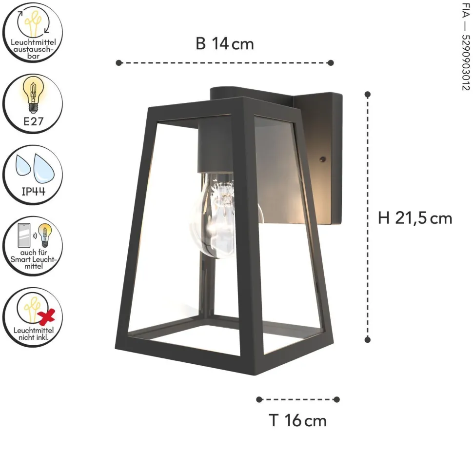 Wandlampe Aluminium Glas E27 IP44 H:21,6 cm Laterne