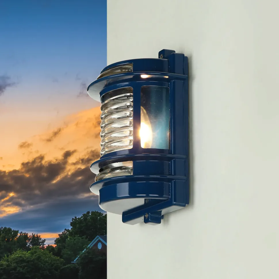 Wandlampe außen E27 IP64 Messing Glas H: 22 cm Blau