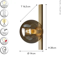 Wandlampe Gold Bernstein Glaskugel E14 B:14 cm blendarm