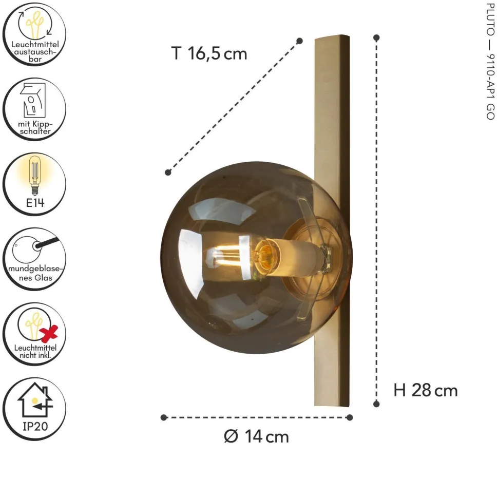 Wandlampe Gold Bernstein Glaskugel E14 B:14 cm blendarm
