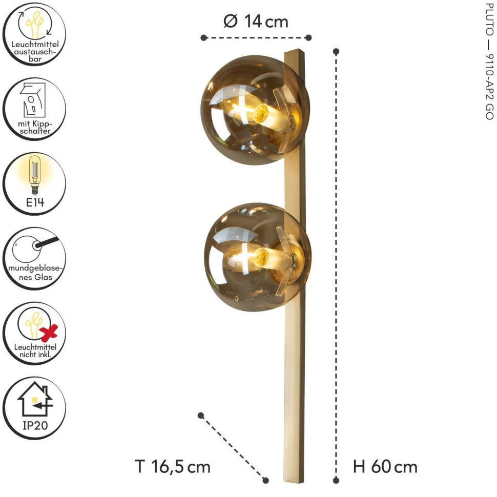 Wandlampe Gold Bernstein Glaskugel E14 H:60 cm 2-flmg