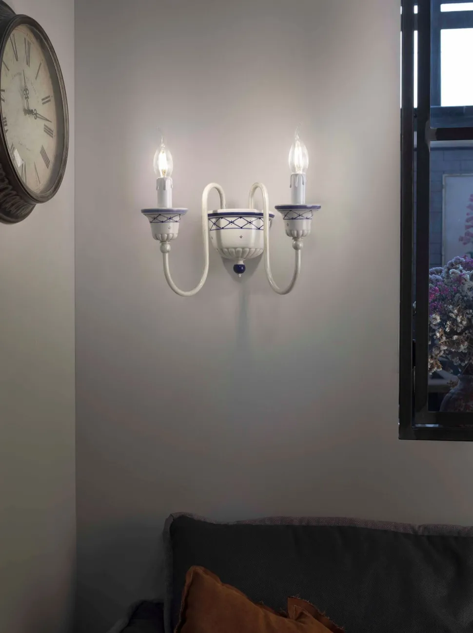 Wandlampe Keramik B: 32 cm Weiß Blau E14 2-flammig