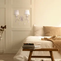 Wandlampe Metall Stoff E14 in Shabby Weiß Gold Weiß