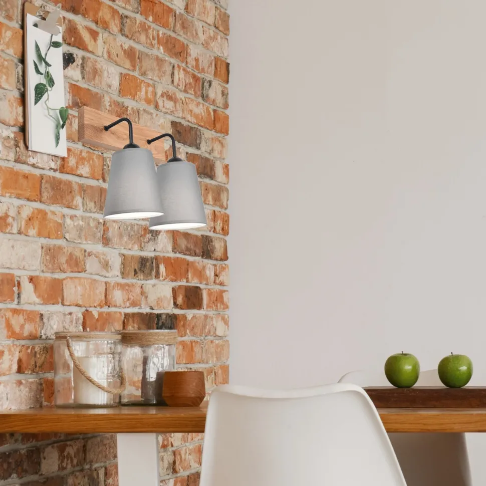 Wandlampe Modern Grau Natur B: 33 cm 2-flammig E27 Stoff Holz