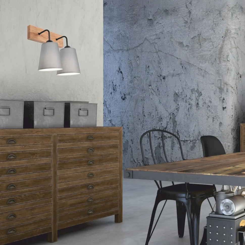 Wandlampe Modern Grau Natur B: 33 cm 2-flammig E27 Stoff Holz