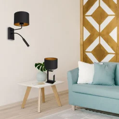 Wandlampe Schwarz Gold Stoff Lesearm E27 G9 wohnlich