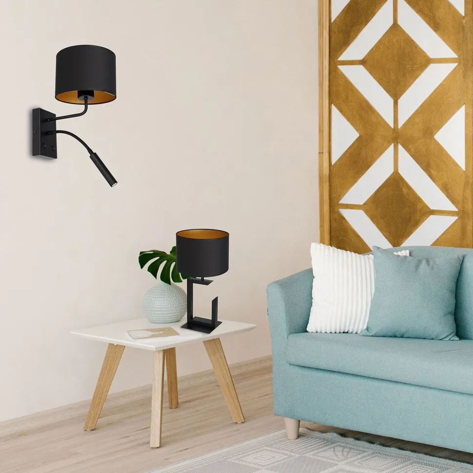 Wandlampe Schwarz Gold Stoff Lesearm E27 G9 wohnlich