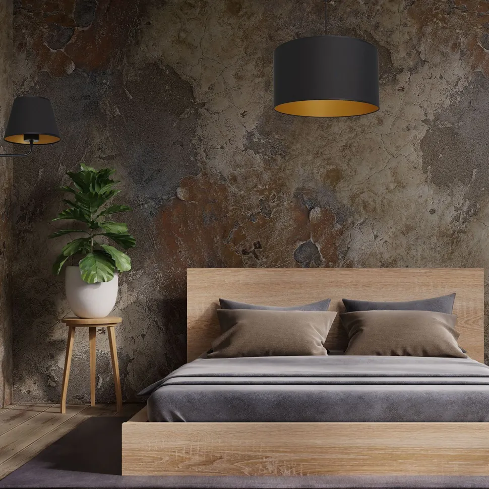 Wandlampe Schwarz Gold Stoffschirm konisch H:23 cm E27