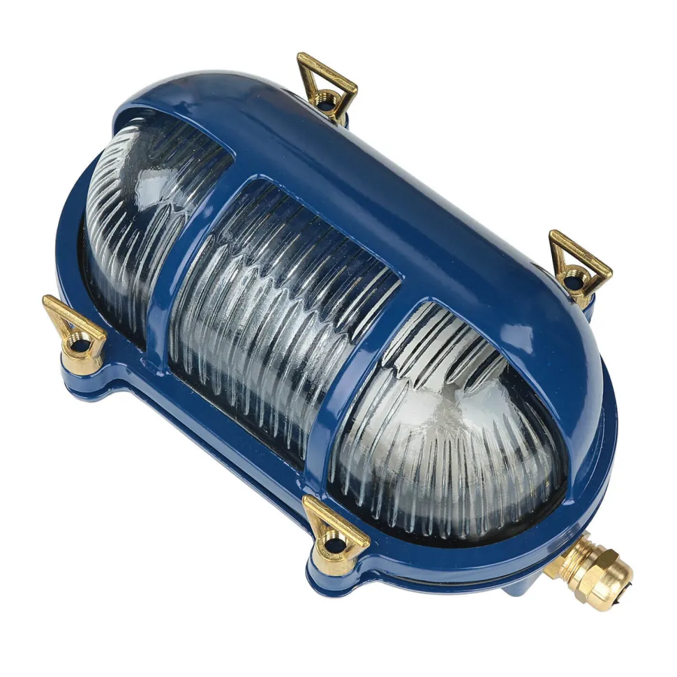 Wandleuchte außen Messing Riffelglas IP64 E27 Blau