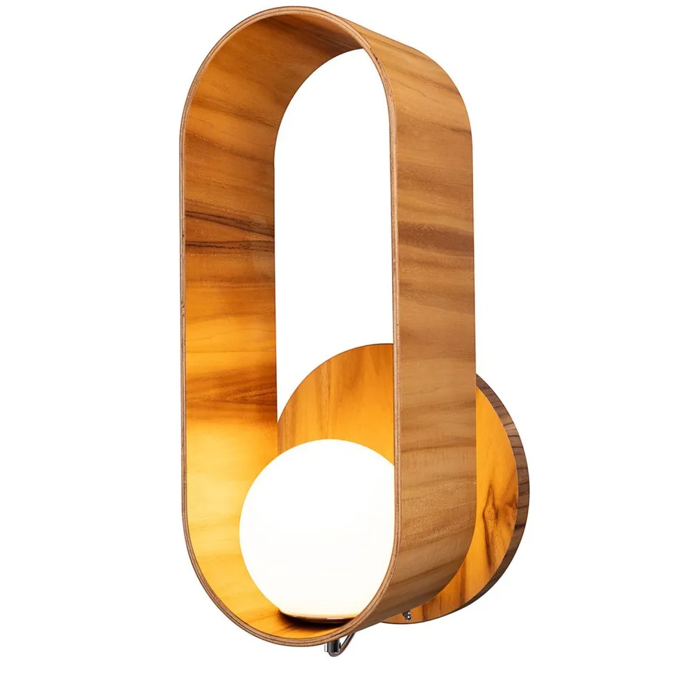 Wandleuchte Glas Teakholz Furnier E27 H: 52,5 cm blendarm