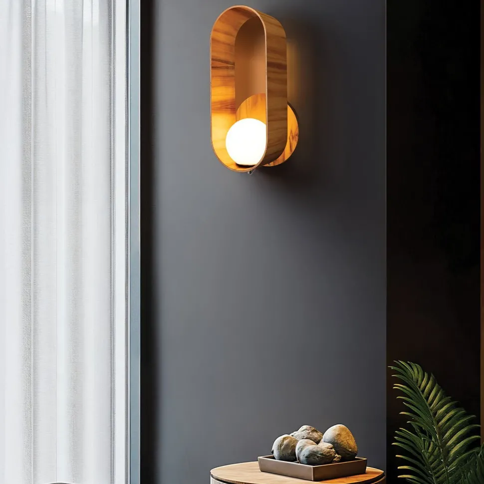 Wandleuchte Glas Teakholz Furnier E27 H: 52,5 cm blendarm