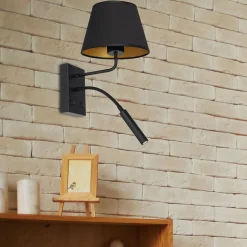 Wandleuchte Schwarz Gold Stoff konisch Lesearm E27 G9