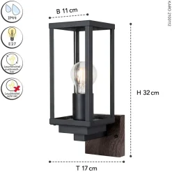 Wandleuchte Vintage Schwarz Holz H:32 cm IP44 E27